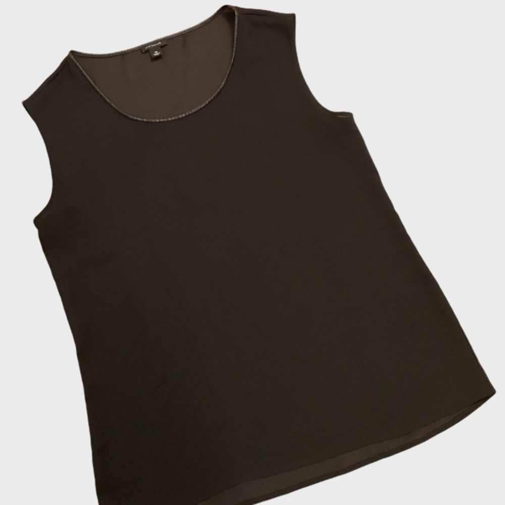 Black Sleeveless silk like Top by Ann Taylor Faux Leather Trim Scoop Dressy